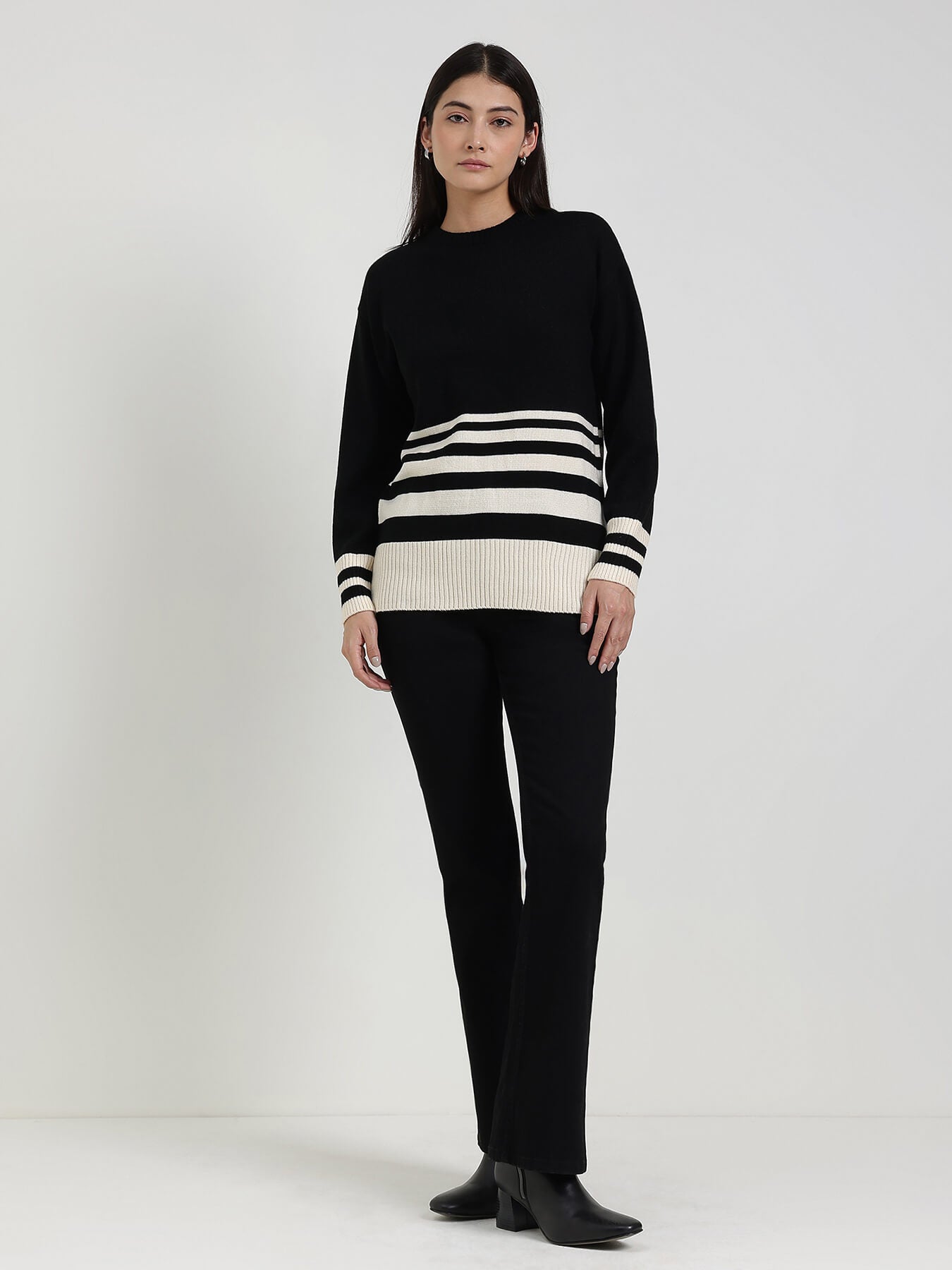 LivSoft Striped Round Neck Sweater - Black