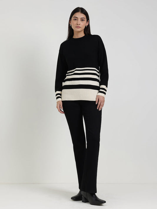 LivSoft Striped Round Neck Sweater - Black