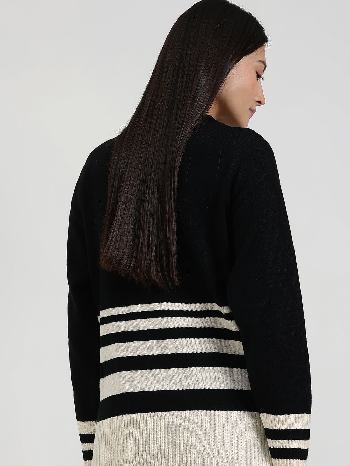 LivSoft Striped Round Neck Sweater - Black