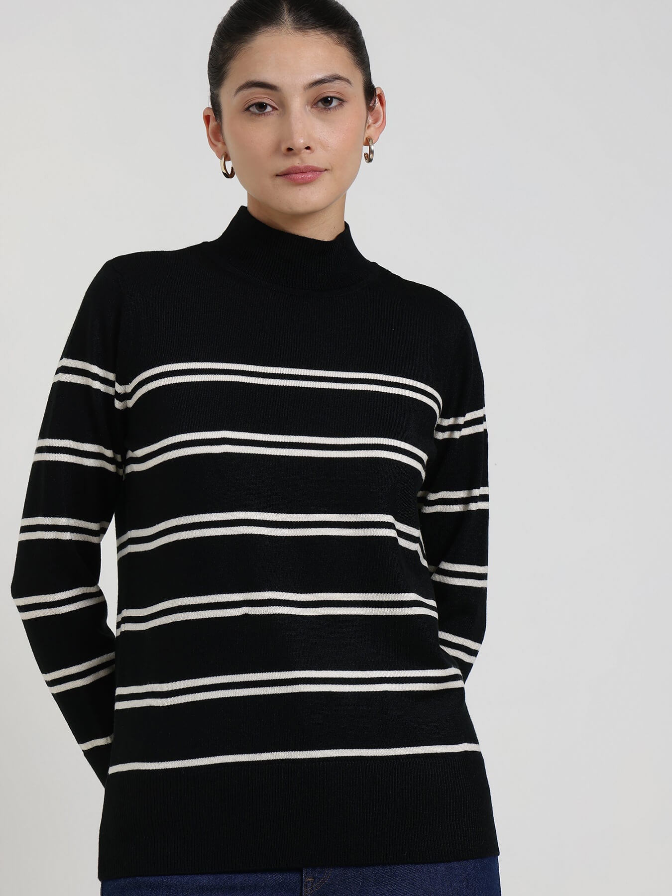 LivSoft Striped High Neck Sweater - Black