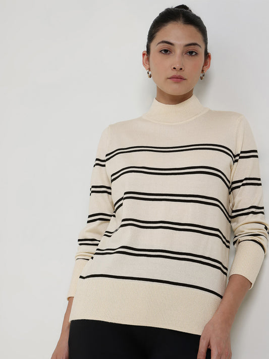 LivSoft Striped High Neck Sweater - Off White