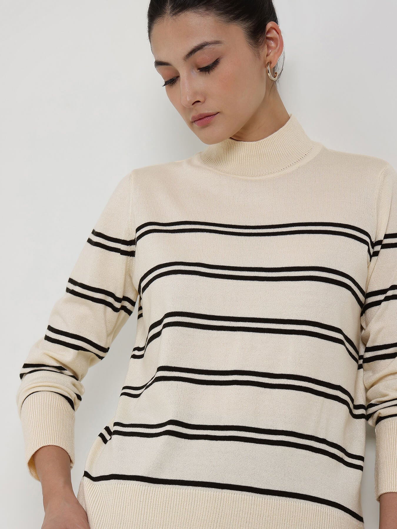 LivSoft Striped High Neck Sweater - Off White
