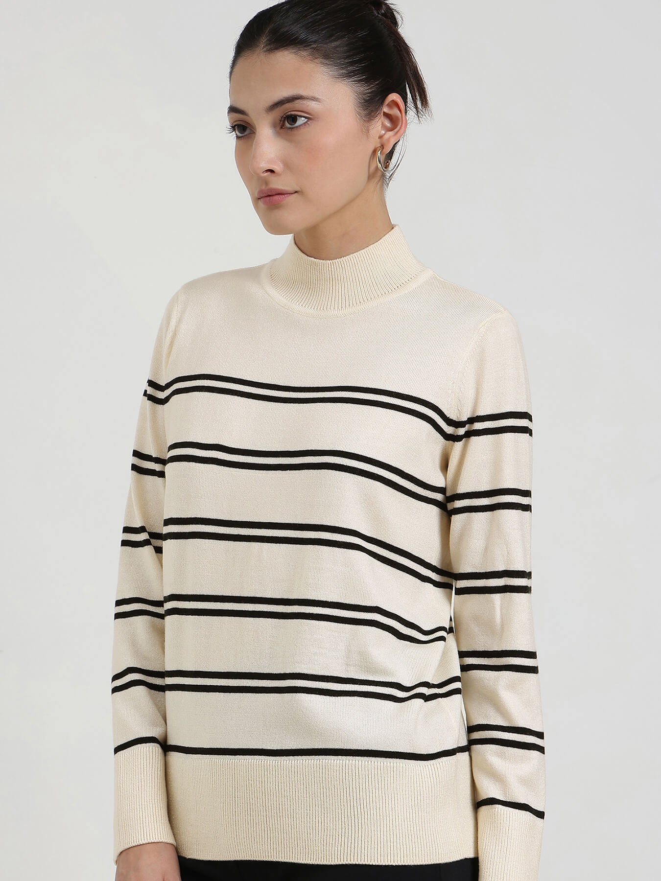 LivSoft Striped High Neck Sweater - Off White