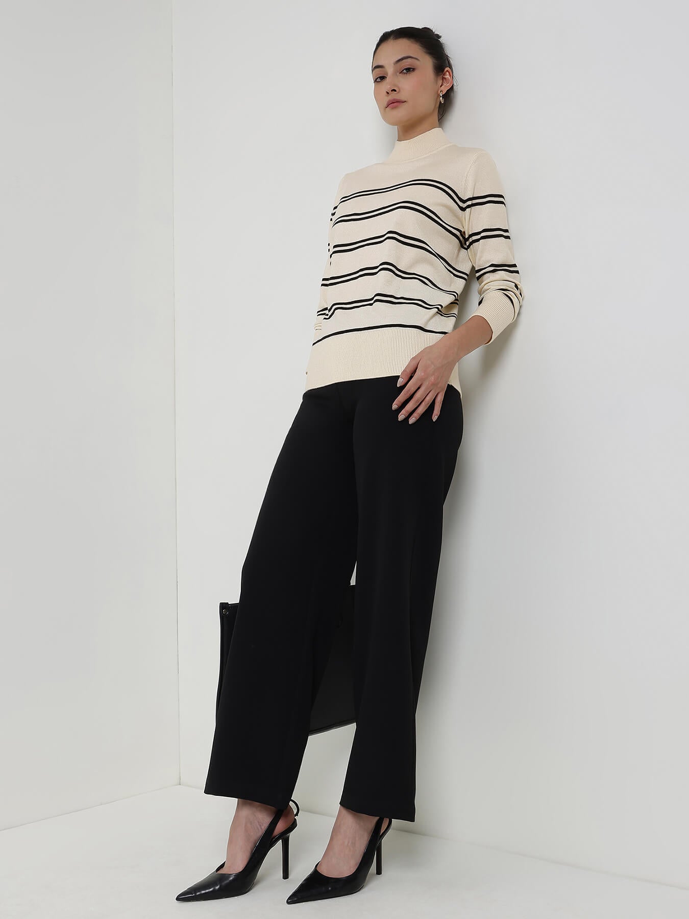 LivSoft Striped High Neck Sweater - Off White