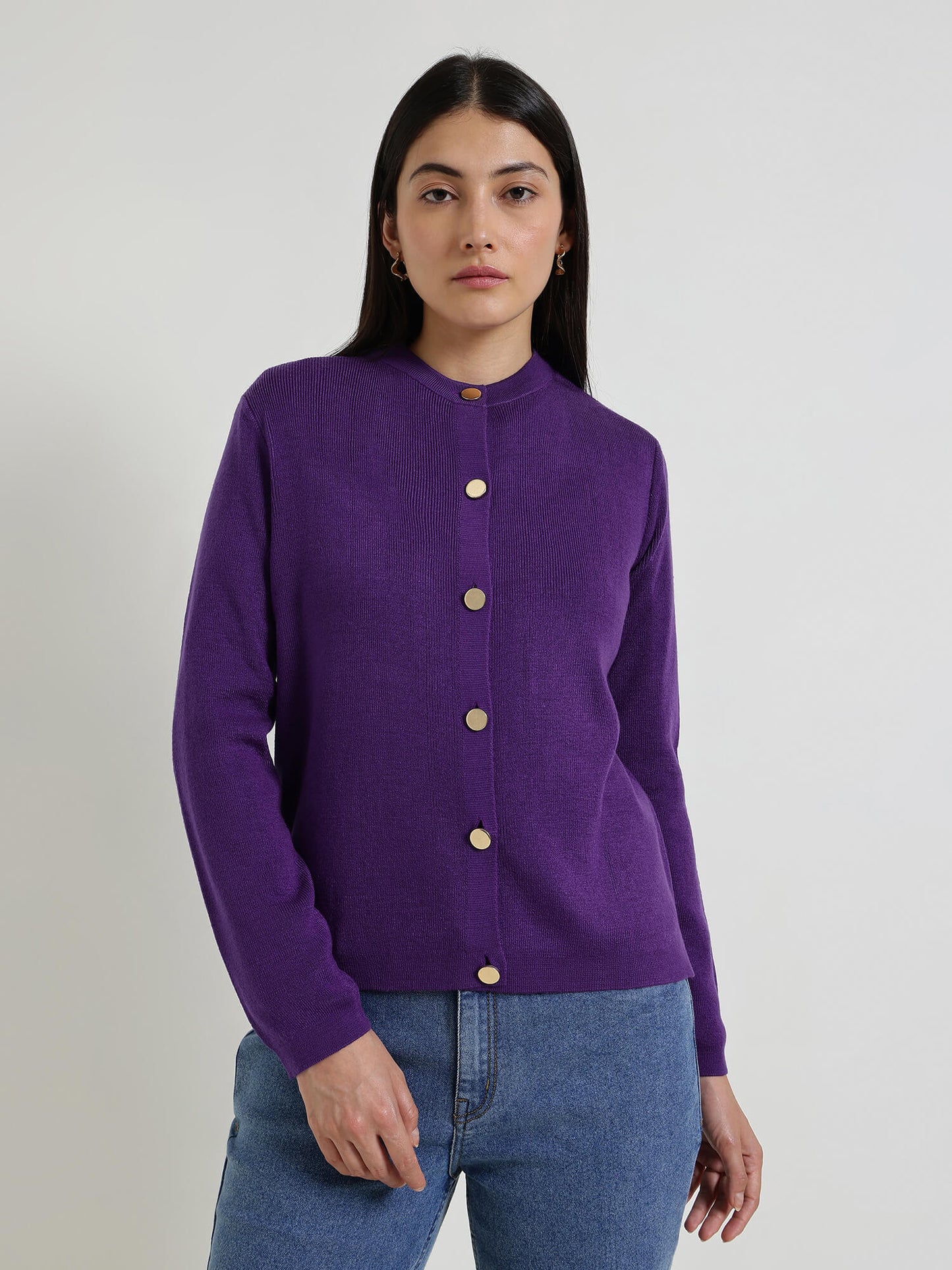 LivSoft Round Neck Cardigan- Purple
