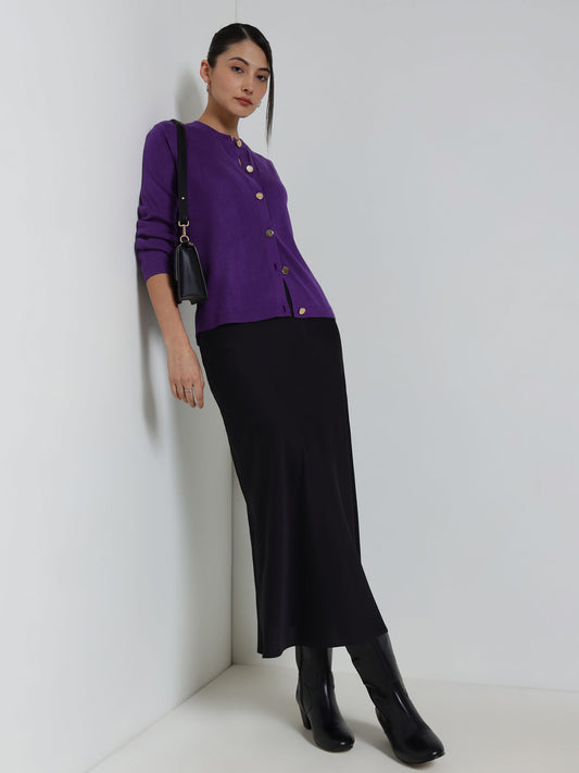 LivSoft Round Neck Cardigan- Purple