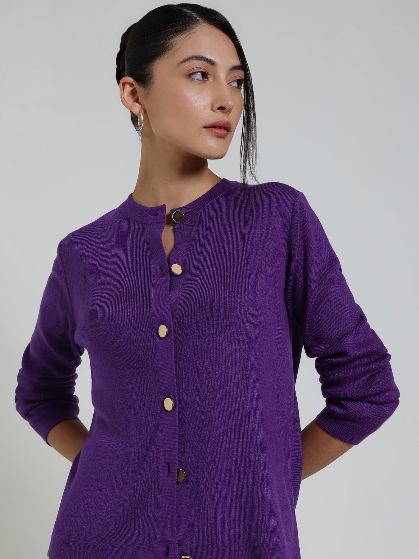 LivSoft Round Neck Cardigan- Purple