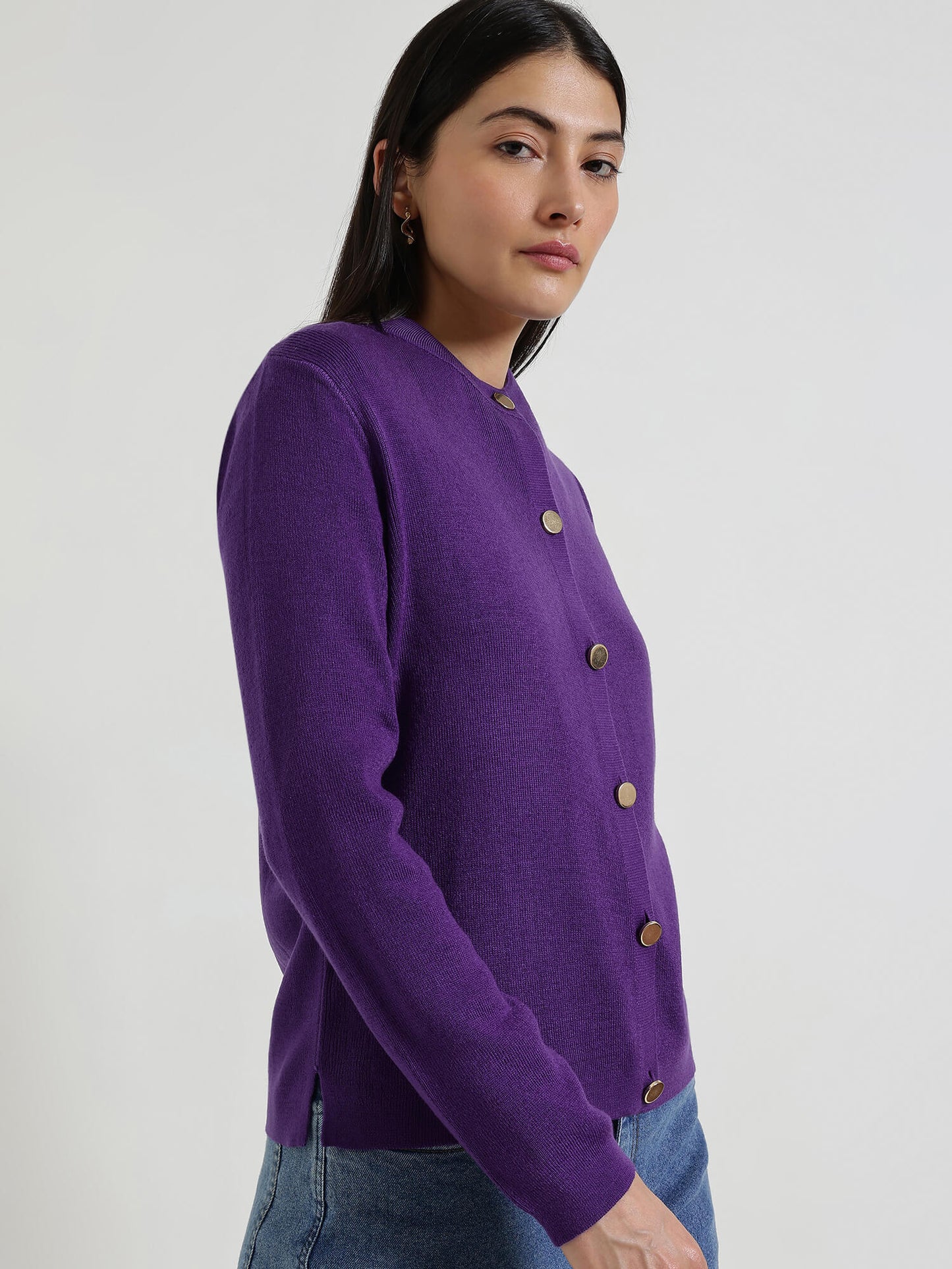 LivSoft Round Neck Cardigan- Purple