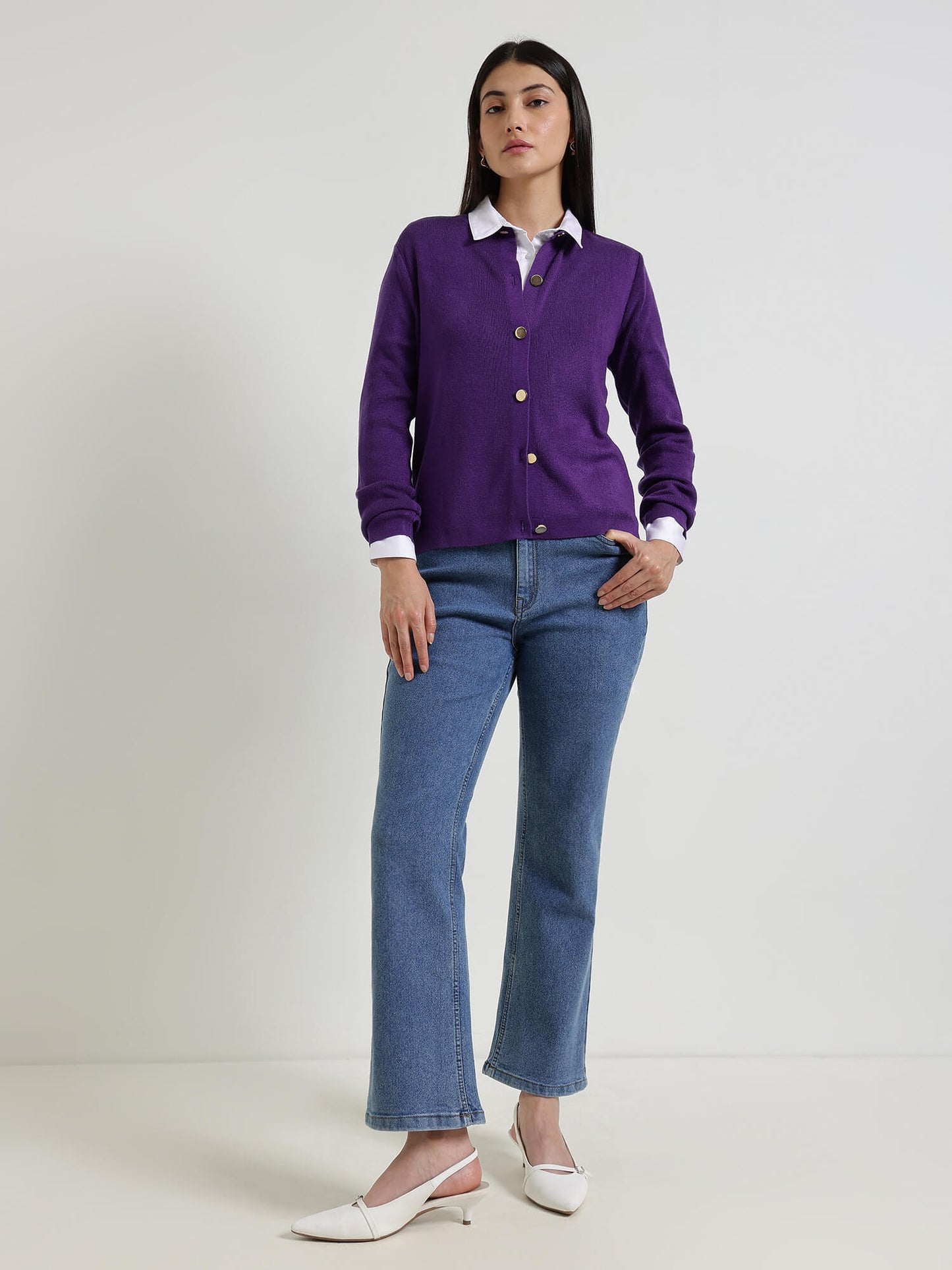 LivSoft Round Neck Cardigan- Purple