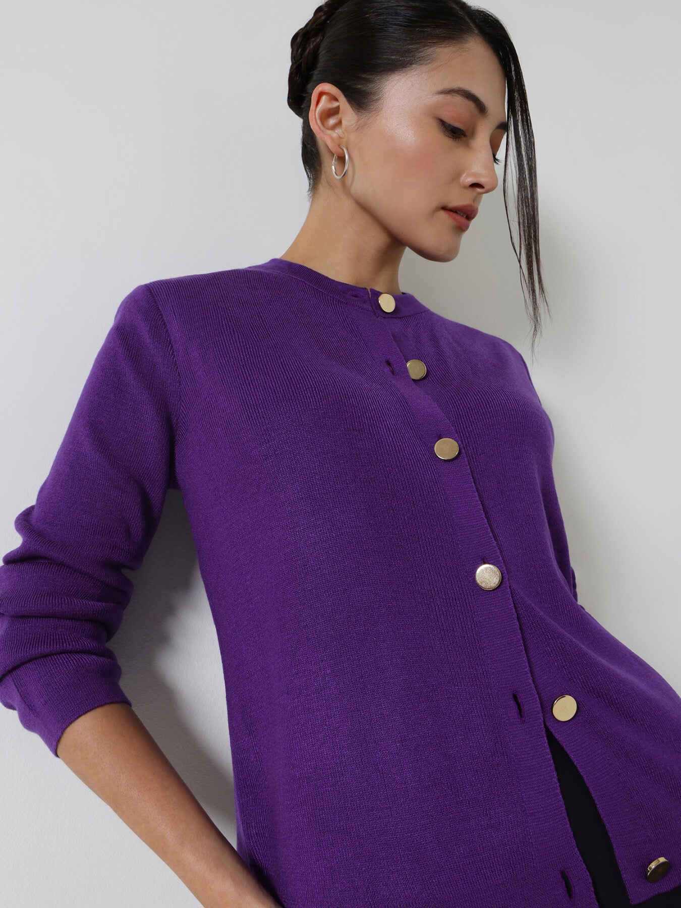 LivSoft Round Neck Cardigan- Purple