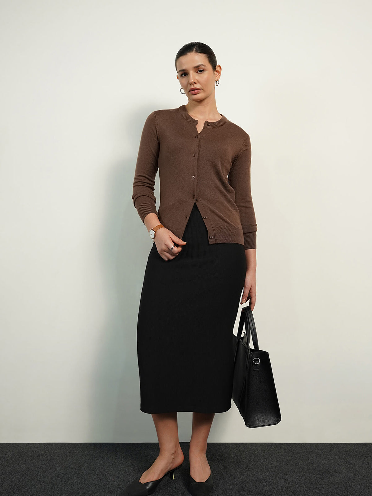Livsoft Essential Round Neck Cardigan - Brown