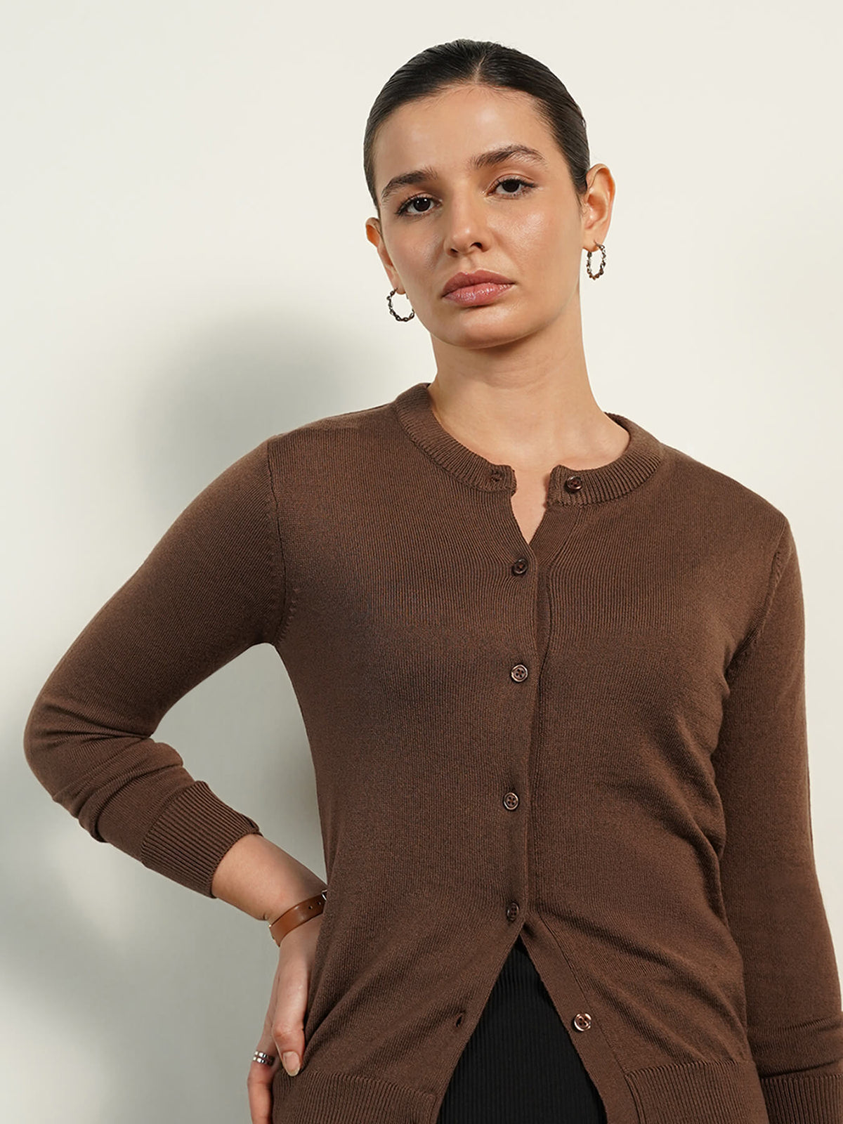 Livsoft Essential Round Neck Cardigan - Brown