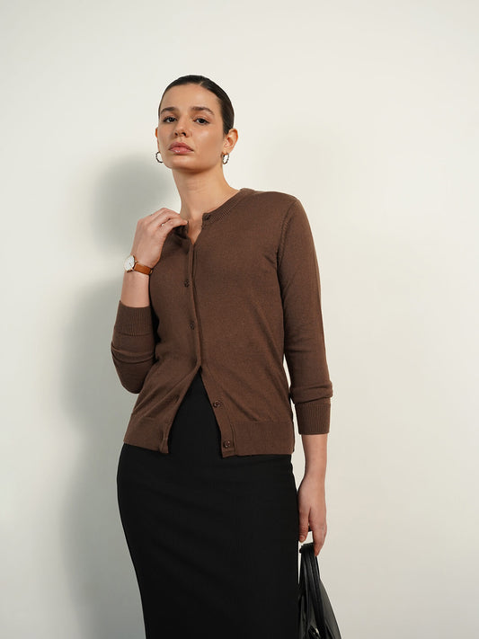 Livsoft Essential Round Neck Cardigan - Brown