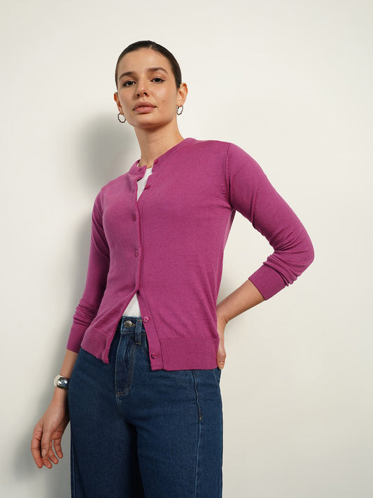 Livsoft Essential Round Neck Cardigan - Magenta