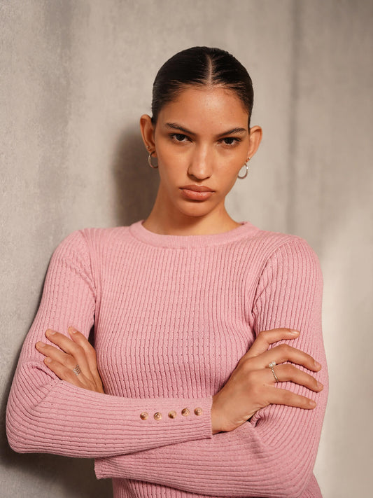 Ultra Livsoft Cable knit Crew Neck Sweater- Pink