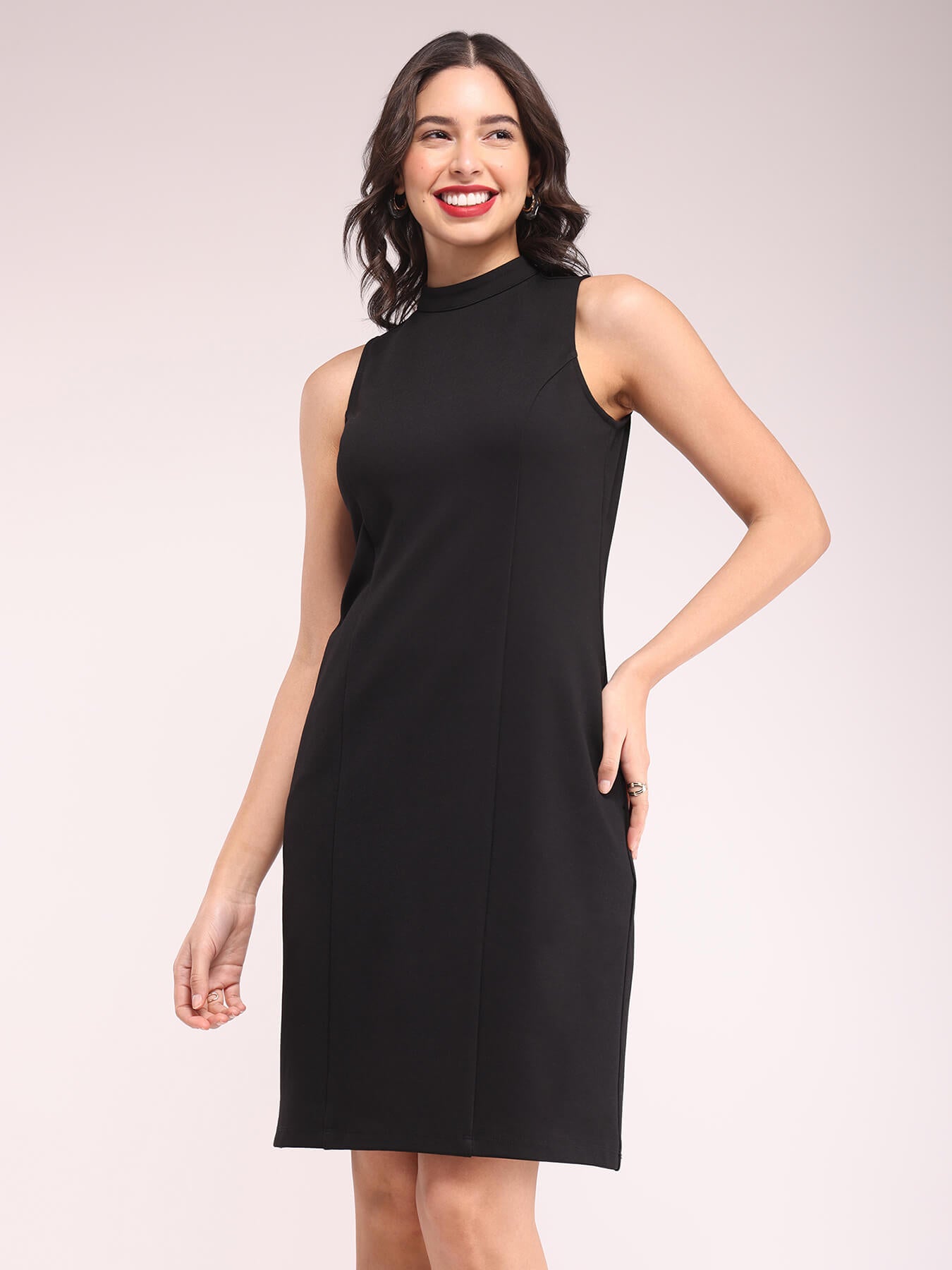 High Neck Shift Dress - Black