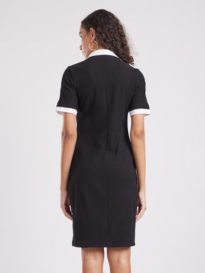 Contrast Collar Rib Knit Dress - Black And White