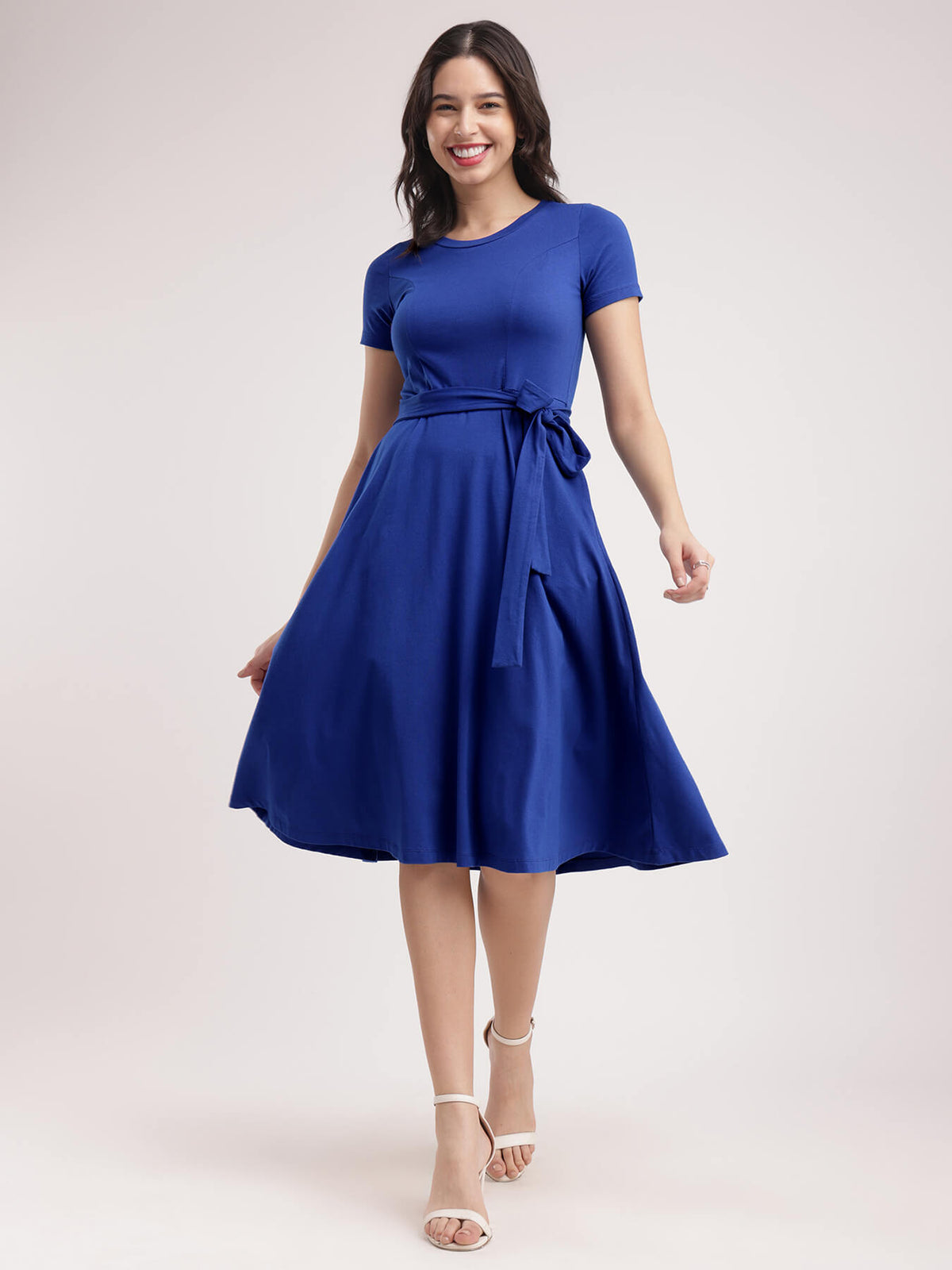 Cotton Knitted Fit And Flare Dress - Royal Blue