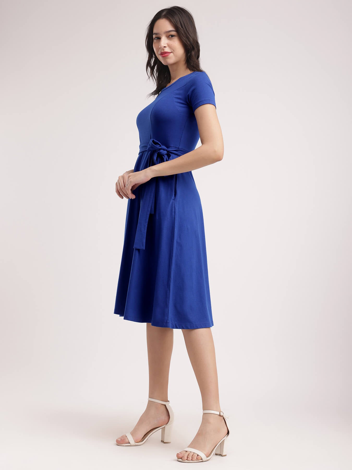 Cotton Knitted Fit And Flare Dress - Royal Blue