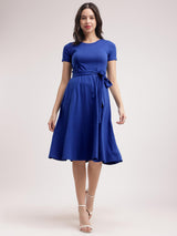 Cotton Knitted Fit And Flare Dress - Royal Blue