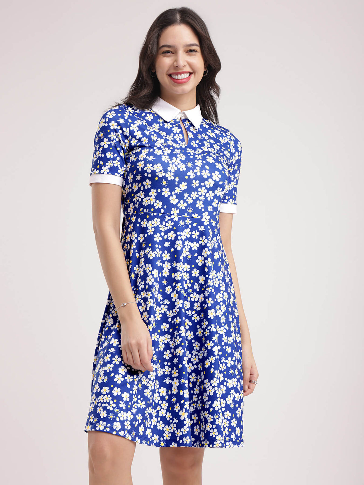 Floral Print Knitted Dress - Blue And White