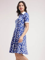 Floral Print Knitted Dress - Blue And White
