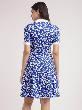 Floral Print Knitted Dress - Blue And White