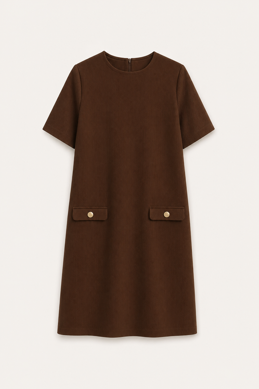 Round Neck Shift Dress - Brown