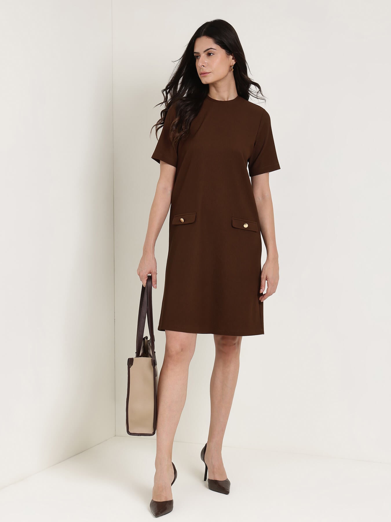 Round Neck Shift Dress - Brown