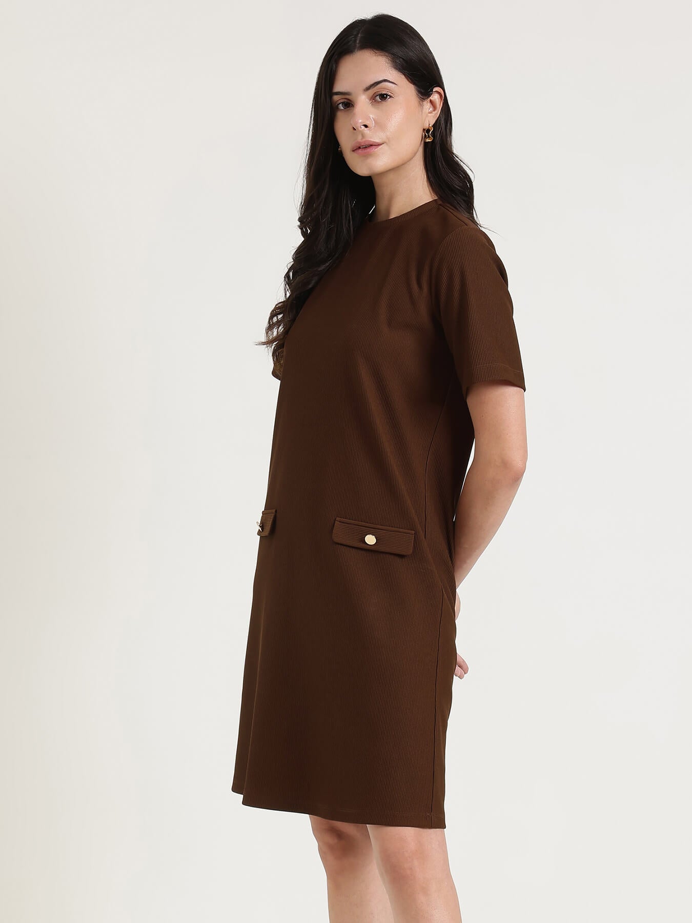Round Neck Shift Dress - Brown