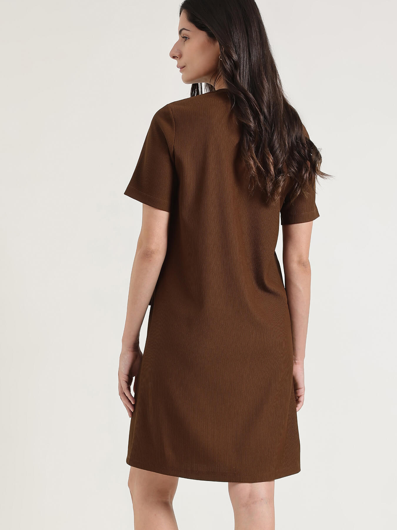 Round Neck Shift Dress - Brown