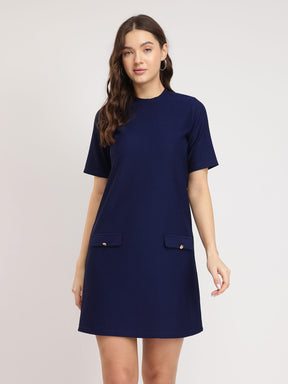 Knitted Shift Dress - Navy Blue