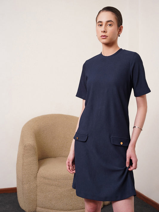 Knitted Shift Dress - Navy Blue