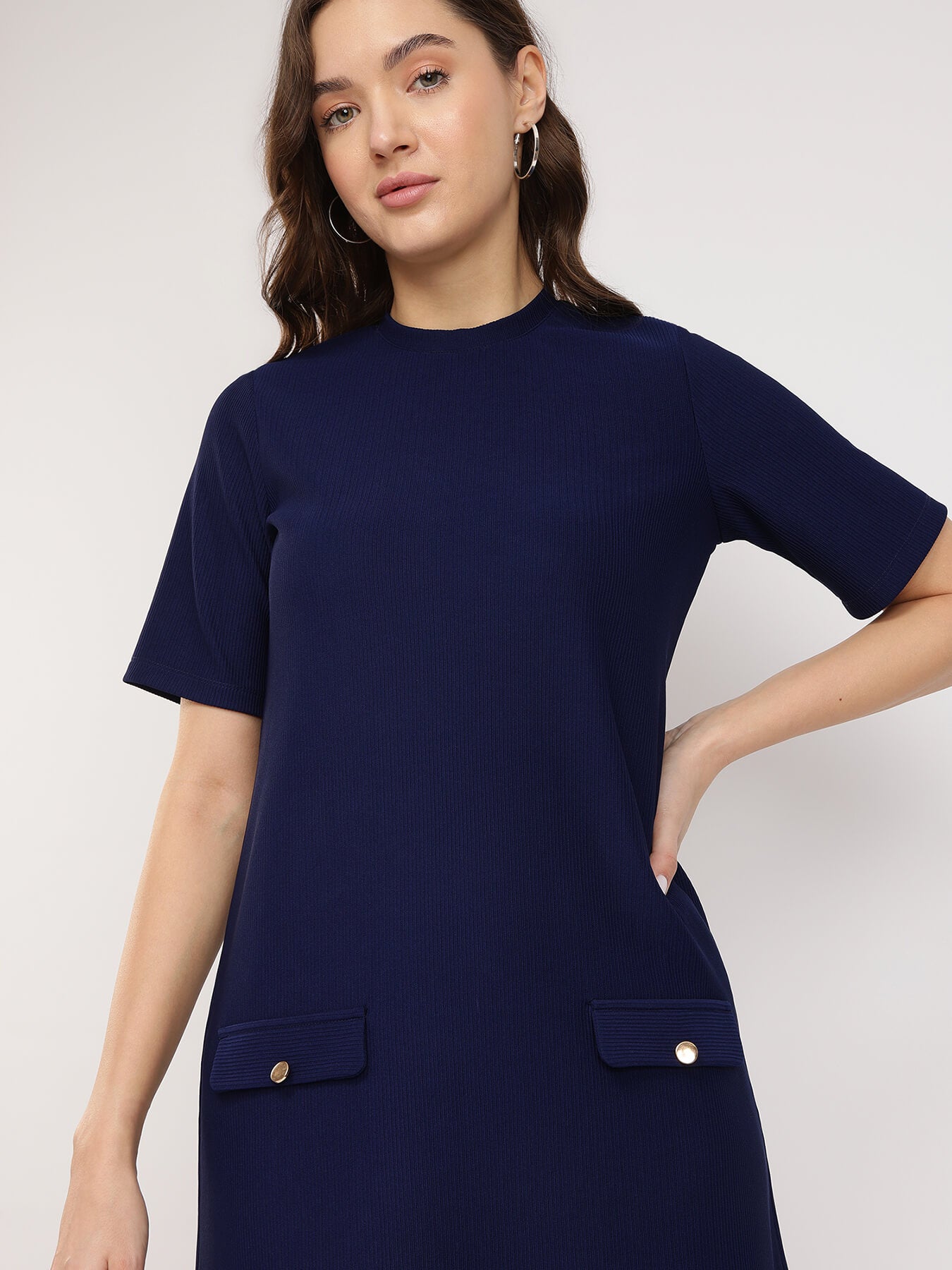 Knitted Shift Dress - Navy Blue