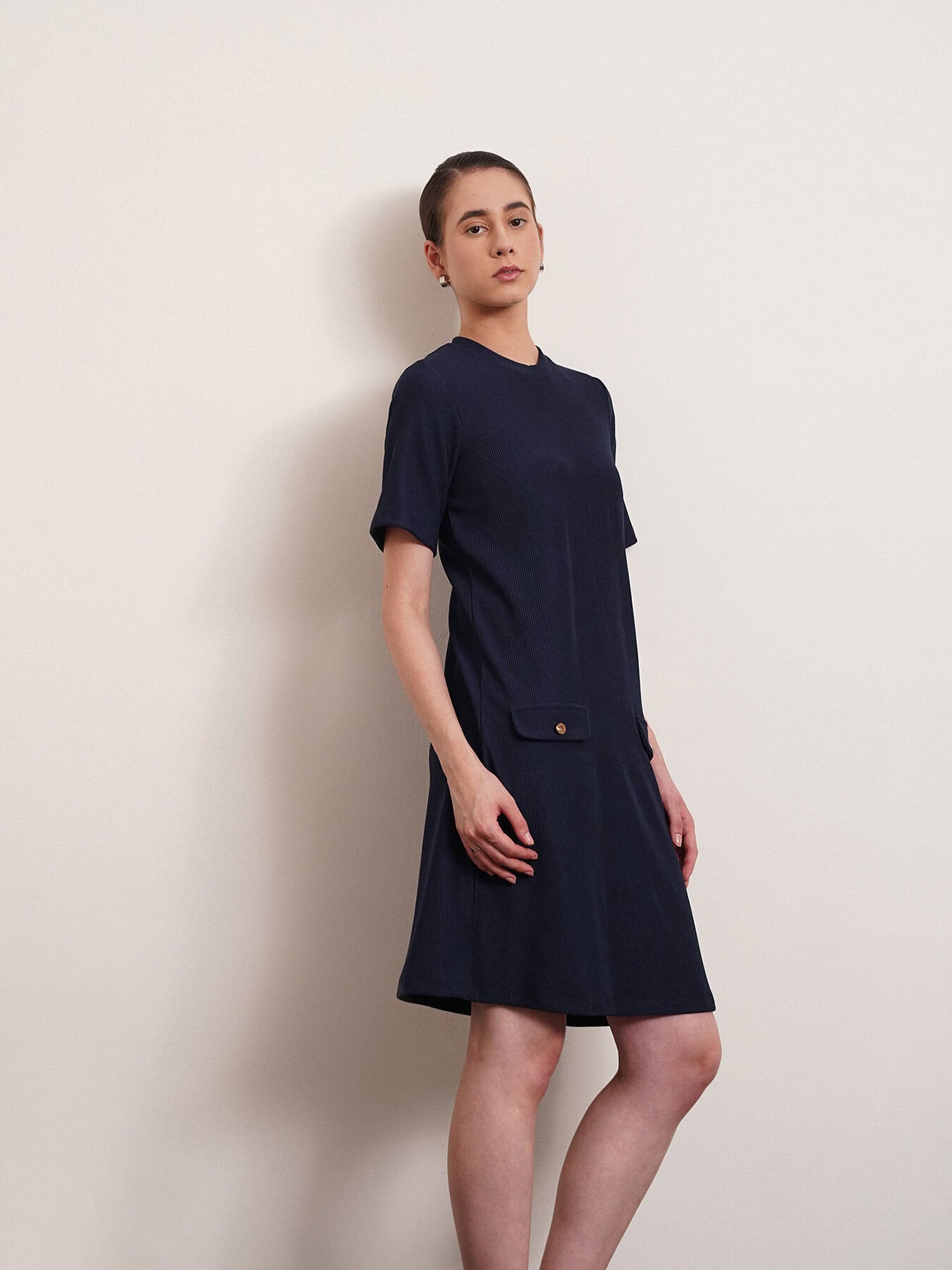 Knitted Shift Dress - Navy Blue