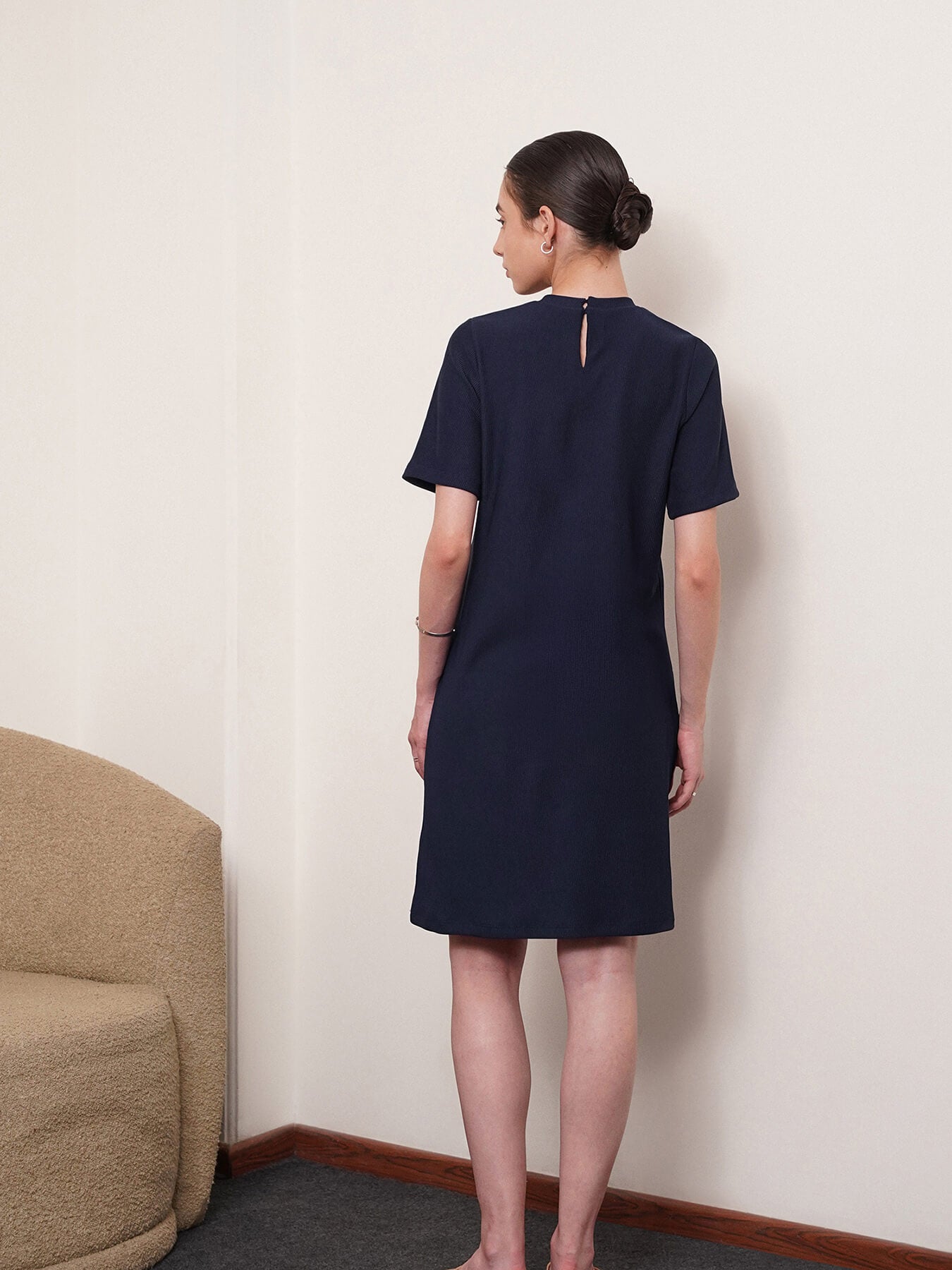 Knitted Shift Dress - Navy Blue