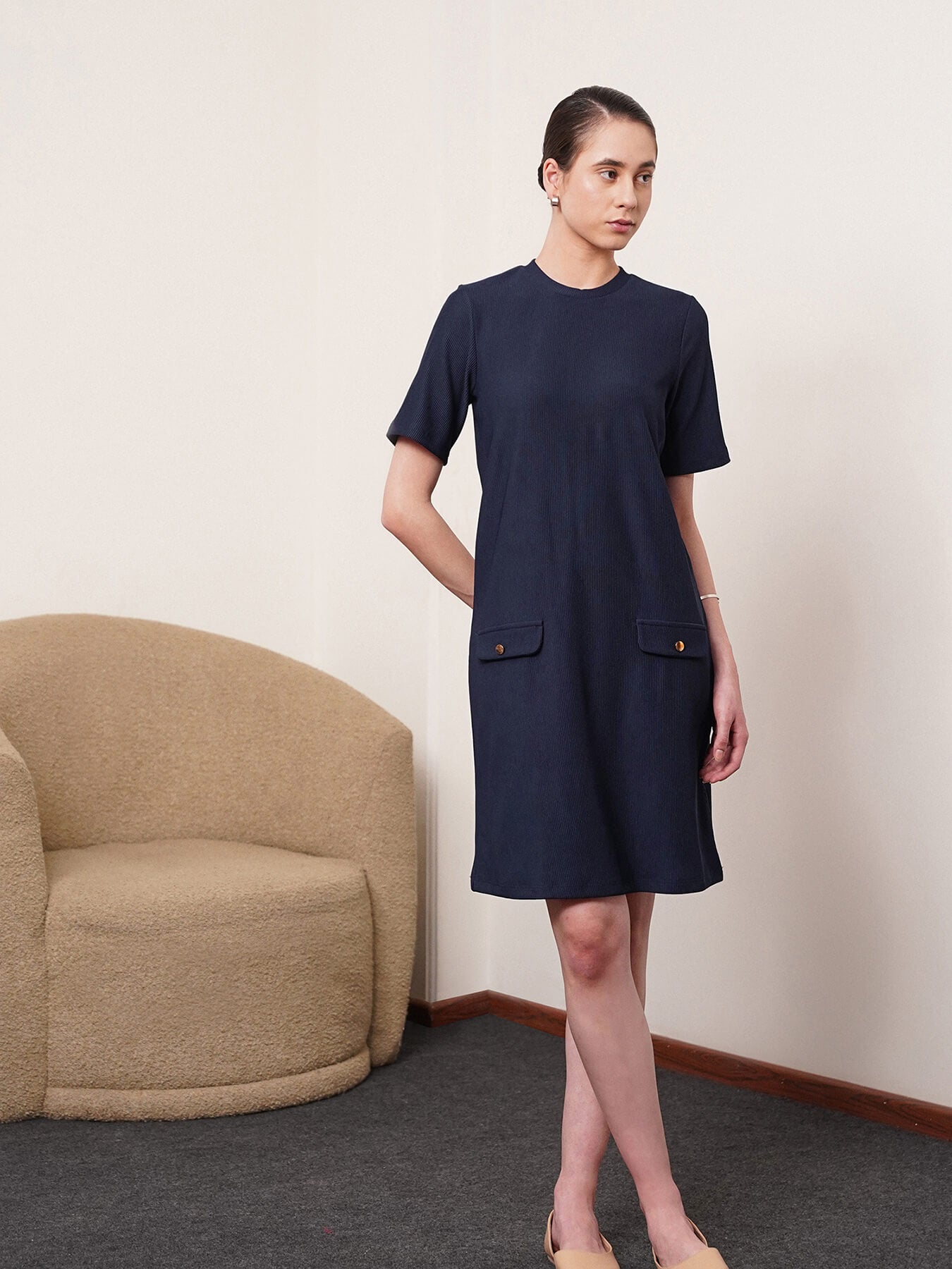Knitted Shift Dress - Navy Blue