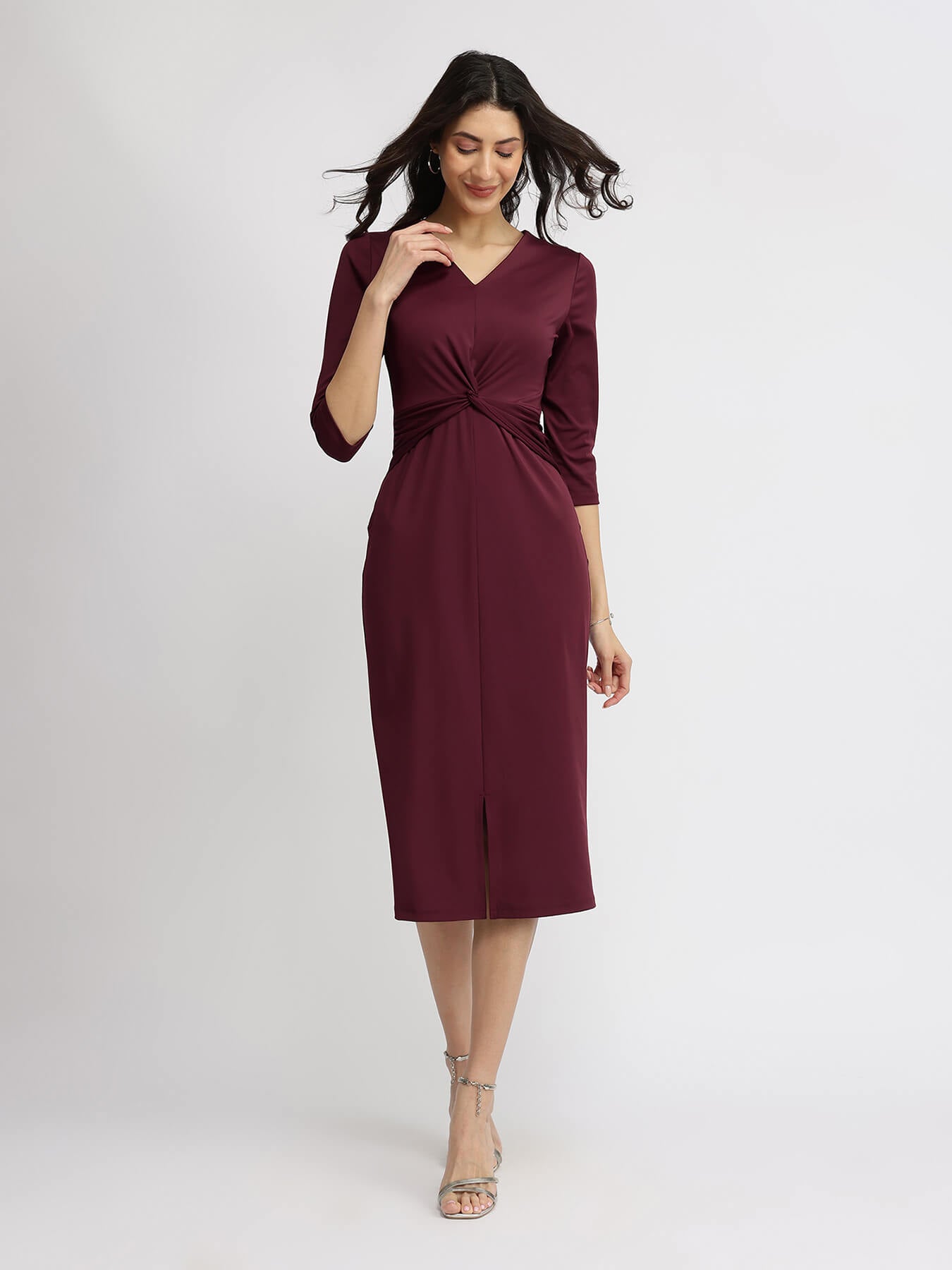 Stretchable Tie-Up Dress - Maroon
