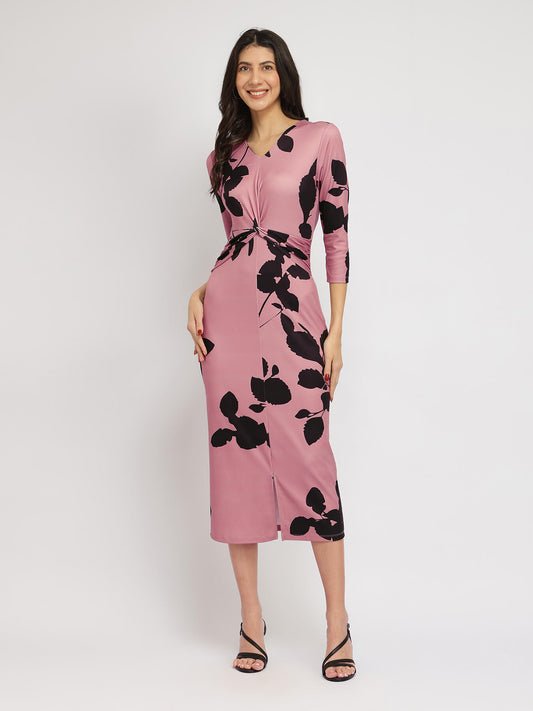 Stretchable Floral Midi Dress - Pink