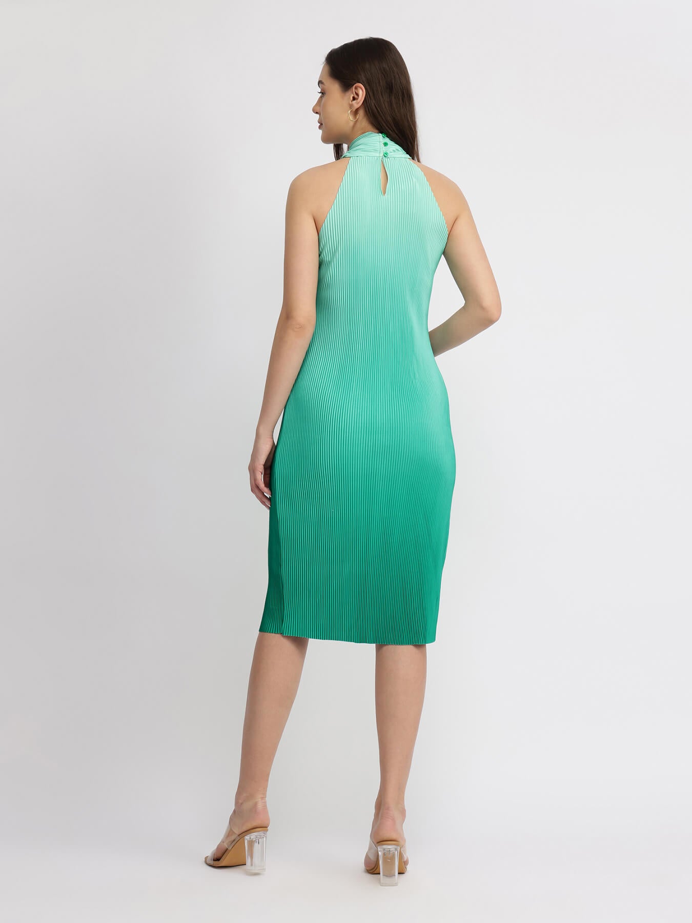Halter Pleated Ombre Dress - Green