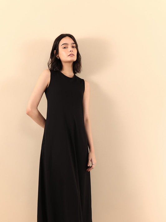 Cotton A Line Knit Dress - Black