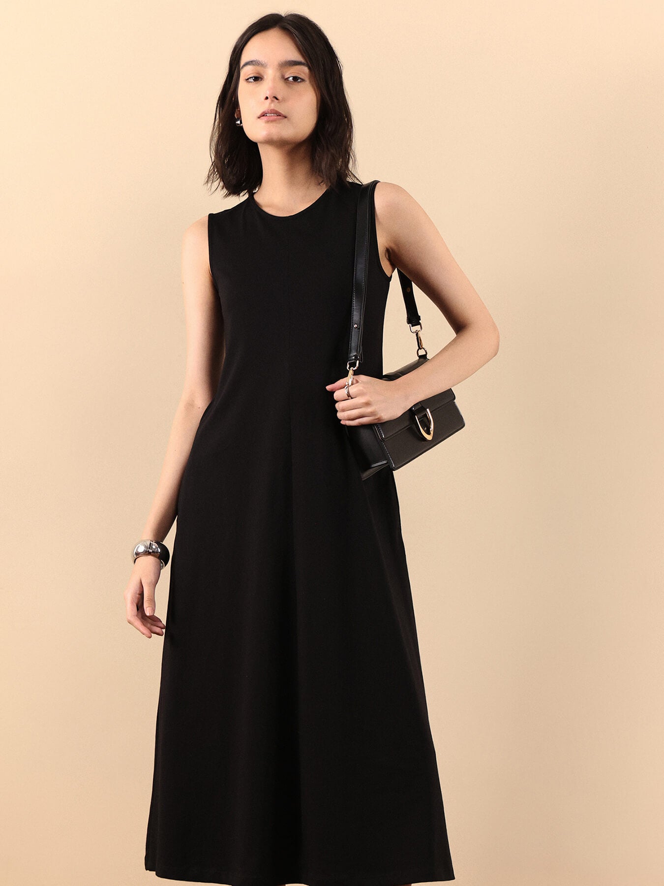 Cotton A Line Knit Dress - Black