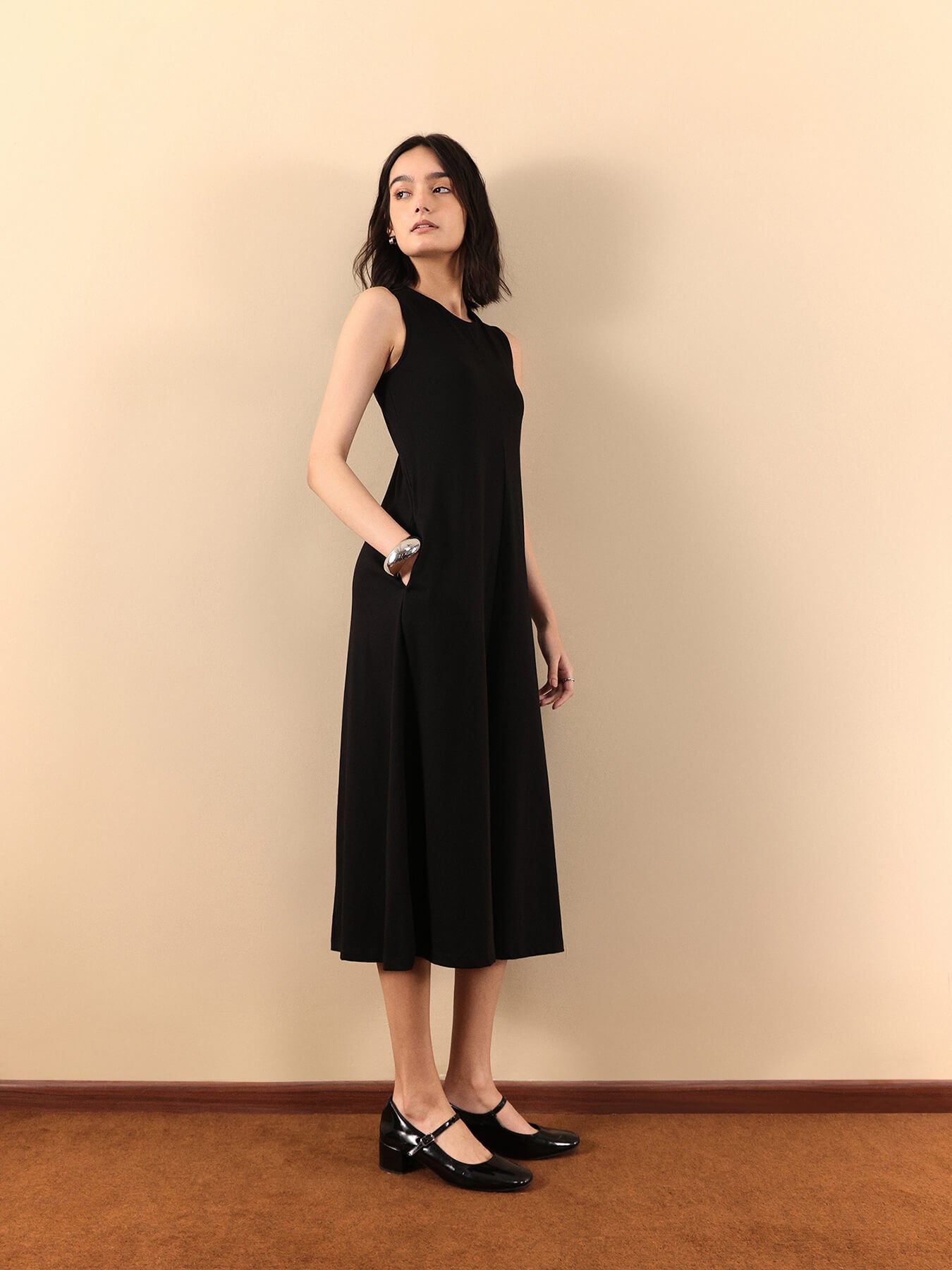 Cotton A Line Knit Dress - Black