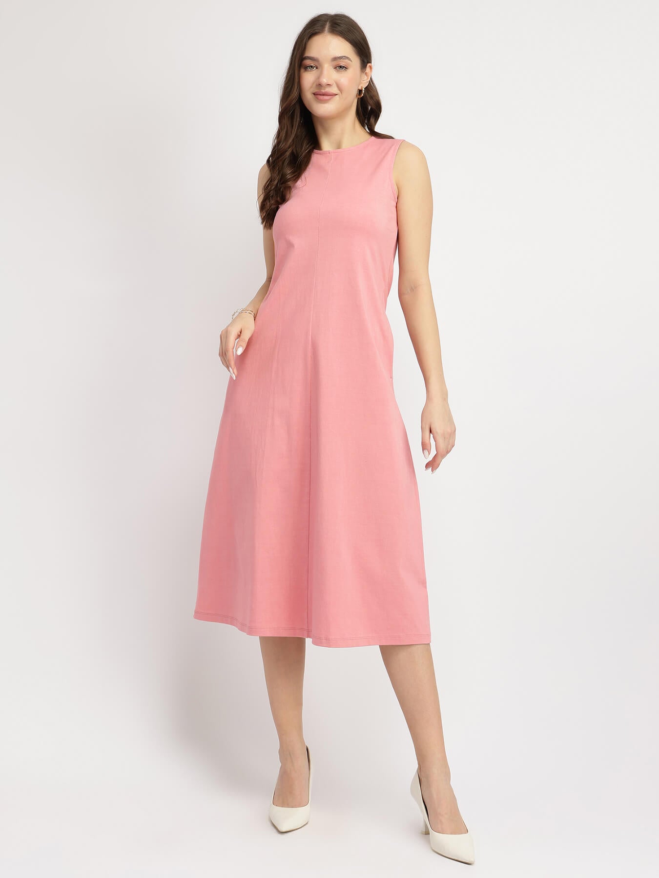 Cotton A Line Knit Dress - Pink