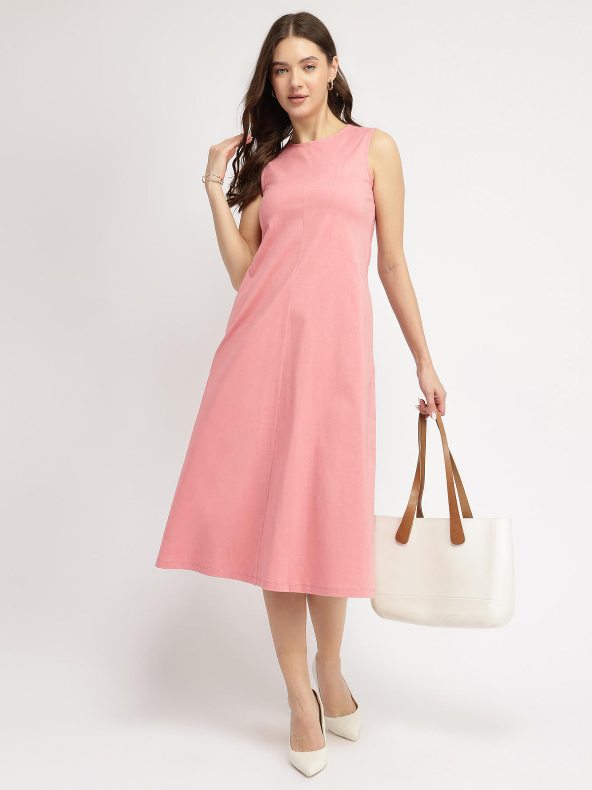Cotton A Line Knit Dress - Pink