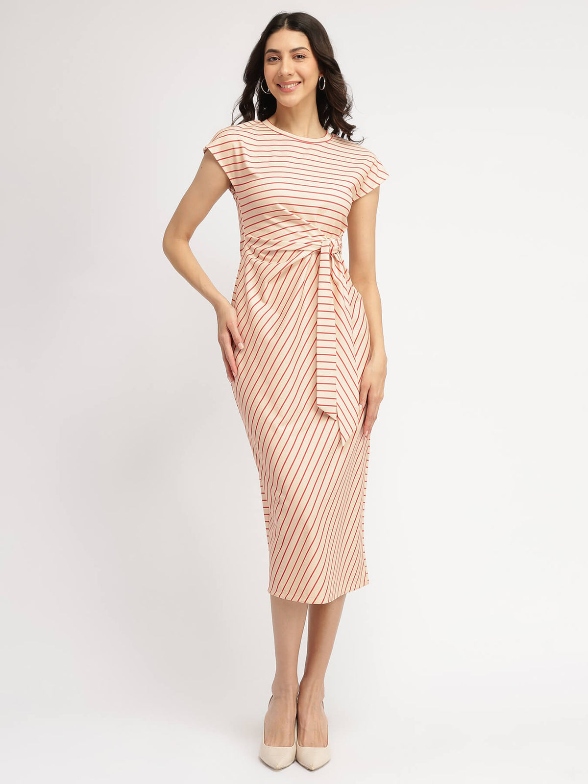 Striped Tie-Up Midi Dress - Cream