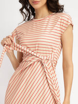 Striped Tie-Up Midi Dress - Cream