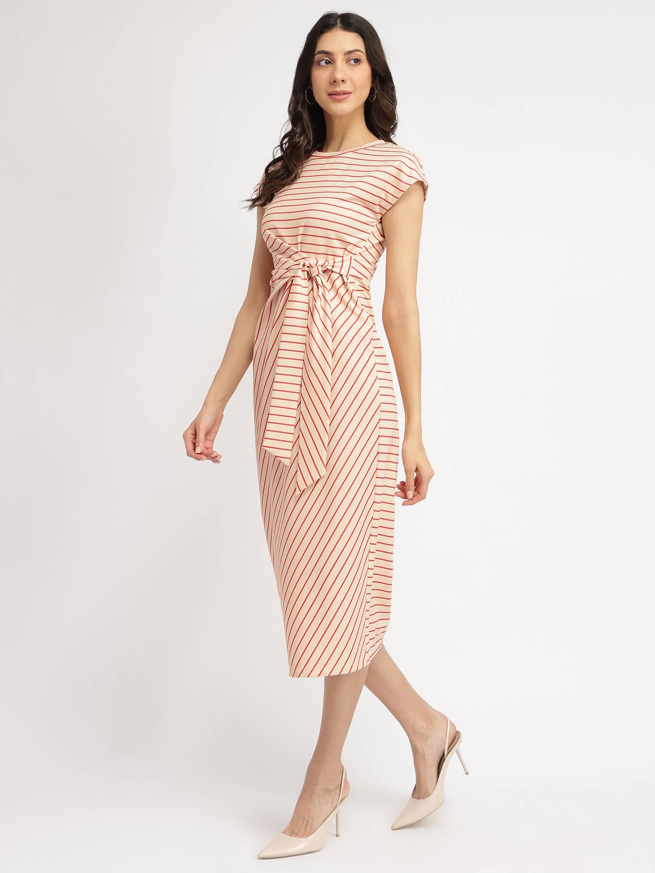 Striped Tie-Up Midi Dress - Cream