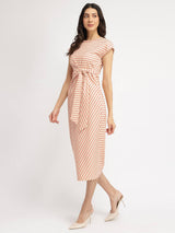 Striped Tie-Up Midi Dress - Cream