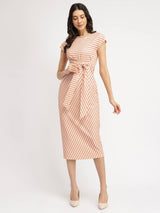 Striped Tie-Up Midi Dress - Cream